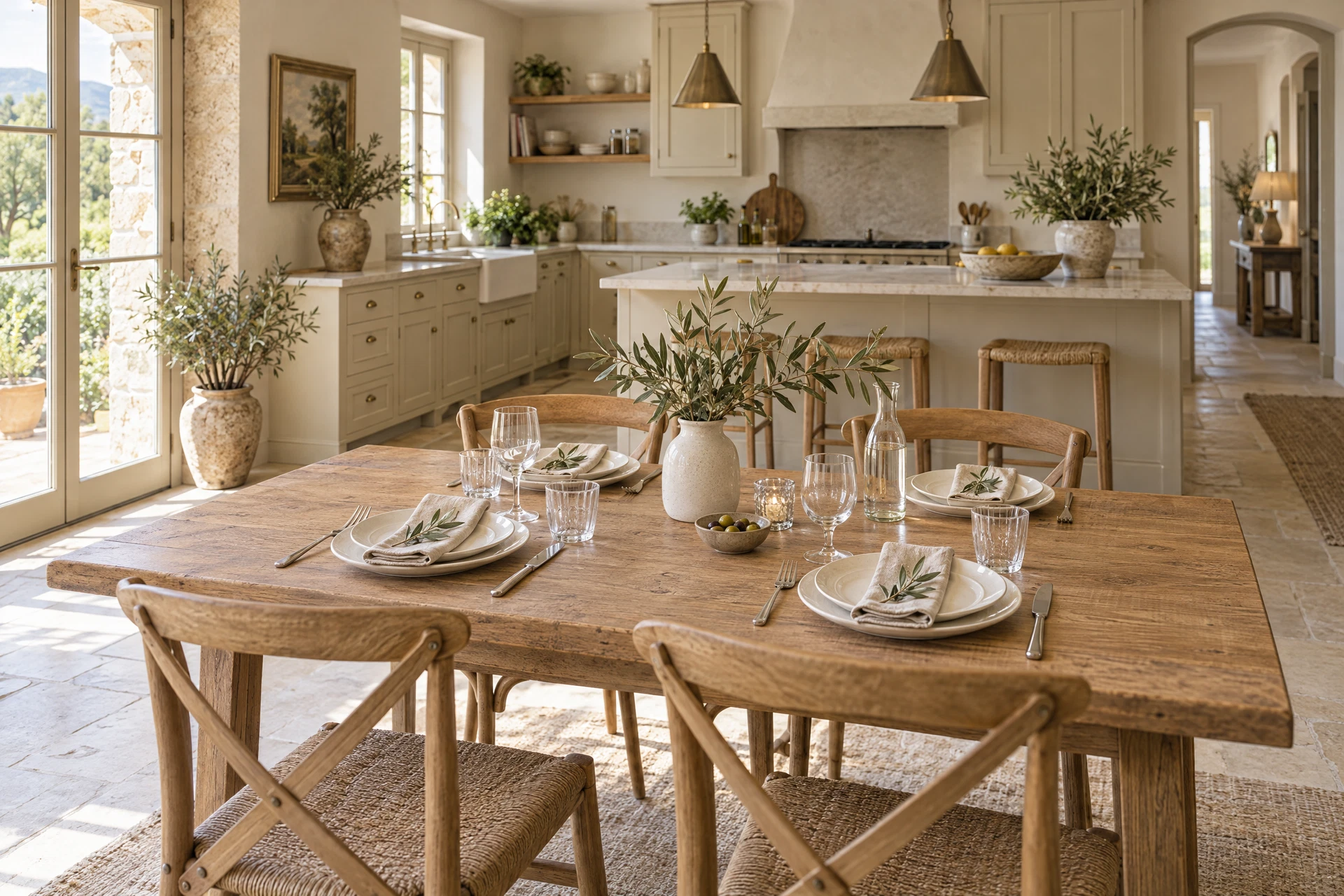 Cuisine conviviale et table en bois joliment dressée pour accueillir les voyageurs