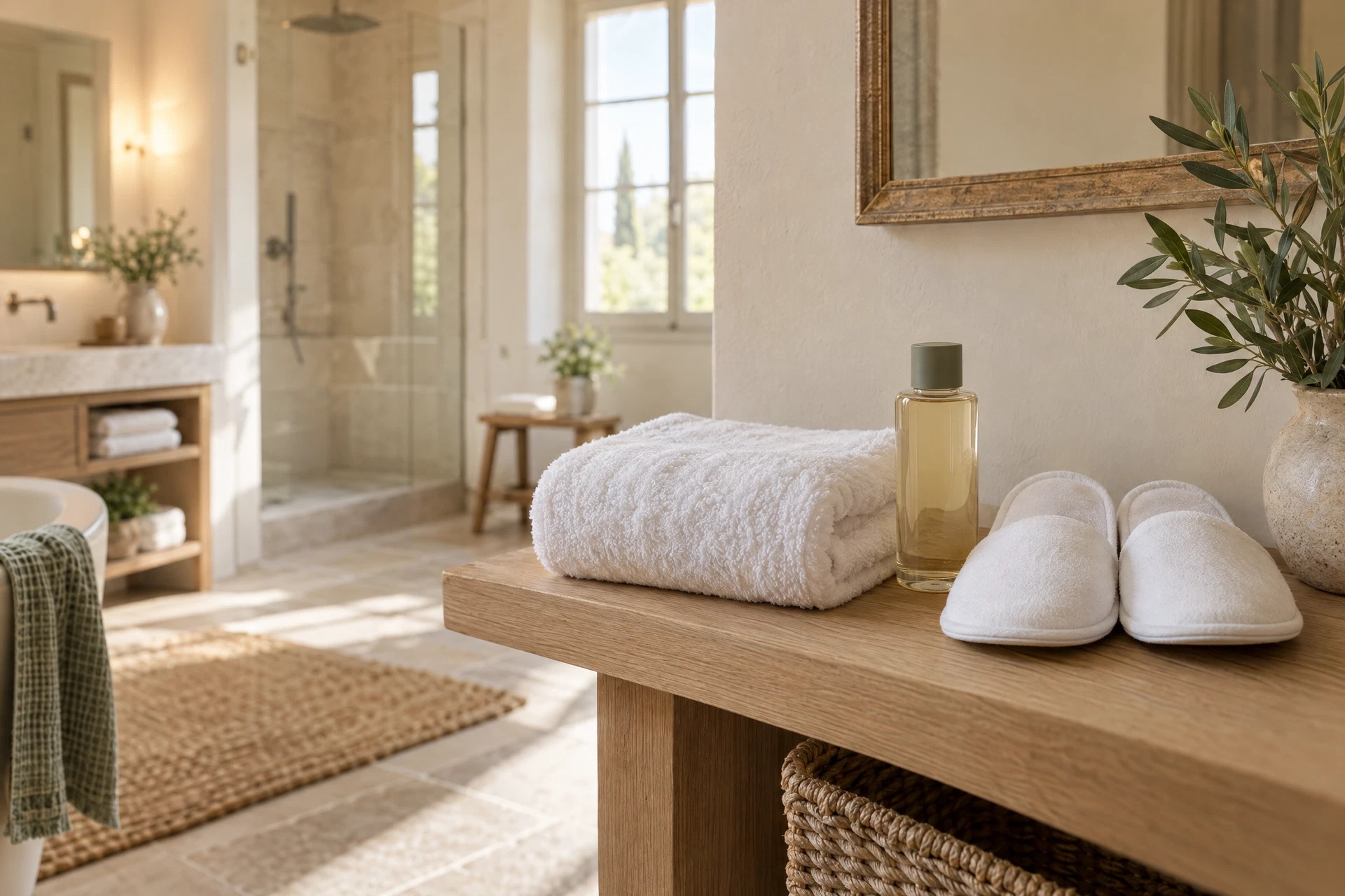 Gel douche, chaussons blancs et serviette de toilette soigneusement disposés dans un logement d’accueil