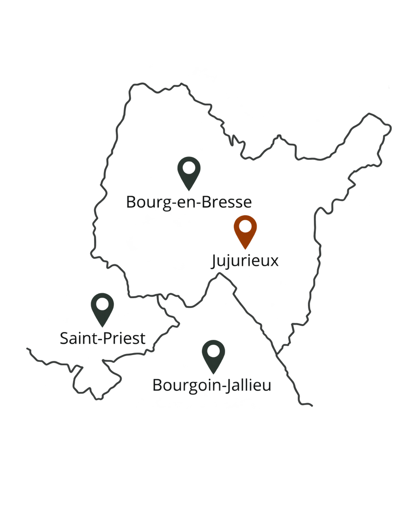 Carte des secteurs de Lenora : Ain, Nord-Isère et Est lyonnais, avec les repères Jujurieux, Bourg-en-Bresse, Bourgoin-Jallieu et Saint-Priest